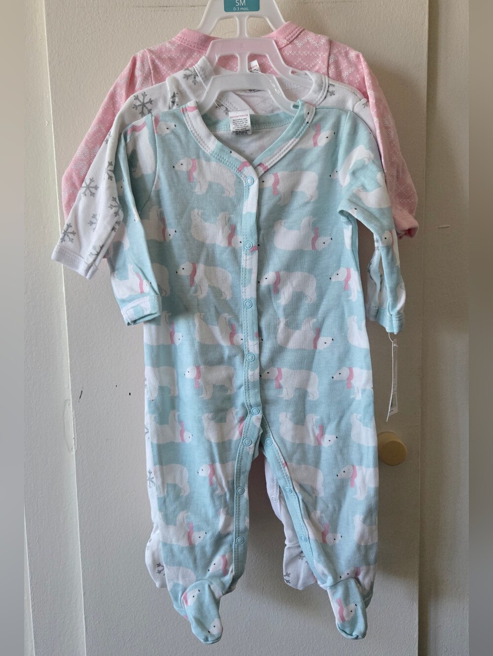 Hudson Baby 3 Piece Polar Bear Snowflake Footed One-Piece  Light Blue White Pink